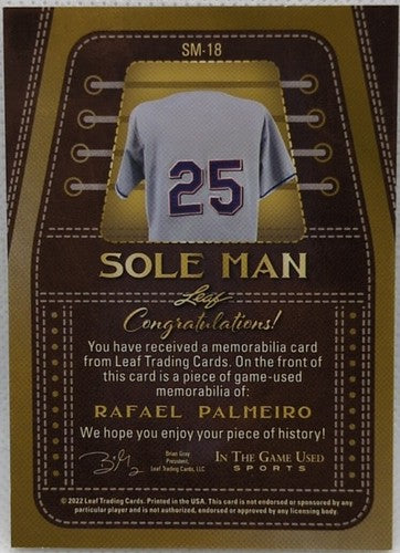 RAFAEL PALMEIRO 2022 Leaf In the Game Used Sole Man Cleats Shoe LOGO PATCH #/25