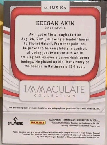 KEEGAN AKIN 2022 Panini Immaculate DUAL AUTO JERSEY LAUNDRY TAG PATCH /6 Orioles
