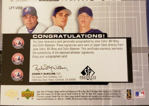 Jose VIDRO Bill BRAY Collin BALESTER 2004 UD SP Prospects TRIPLE AUTO #/50 Expos
