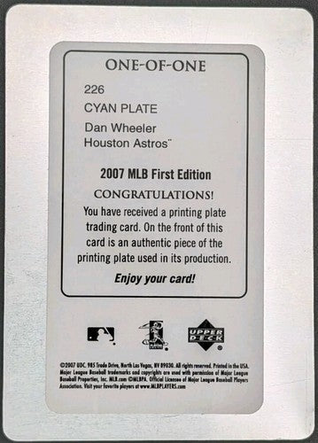 DAN WHEELER 2007 Upper Deck MLB First Edition PRINTING PLATE SP #1/1 Astros #226