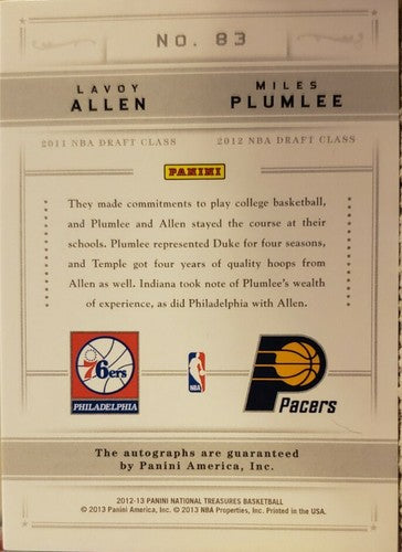 Miles PLUMLEE Lavoy ALLEN 2012-13 Panini National Treasures Dual AUTO /49 Pacers