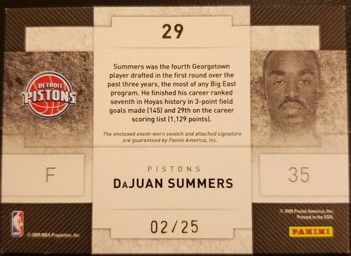 DaJUAN SUMMERS 2009-10 Panini Threads RC DUAL AUTO Jersey PATCH SP #2/25 Pistons