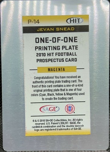 JEVAN SNEAD 2010 SAGE Hit Prospectus RC PRINTING PLATE SP #1/1 Buccaneers One of