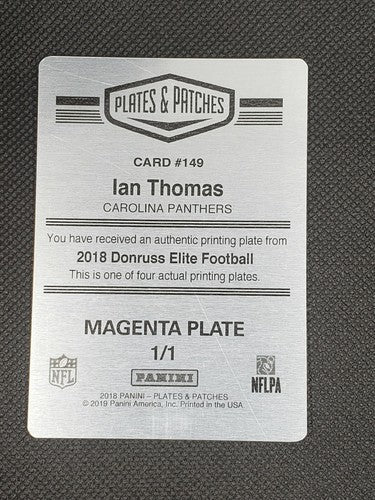 IAN THOMAS 2018 Panini Donruss Elite RC PRINTING PLATE SP #1/1 Panthers Patches