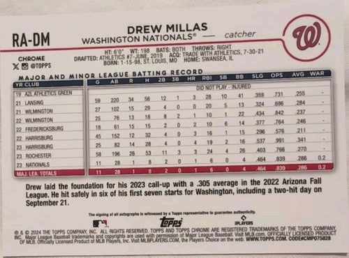 DREW MILLAS 2024 Topps Chrome Rookie Prospect RC AUTO SP Nationals Athletics A's