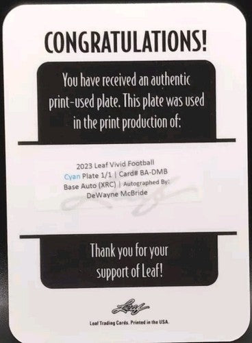 DeWAYNE McBRIDE 2023 Leaf Vivid RC AUTO PRINTING PLATE #1/1 Vikings UAB Blazers
