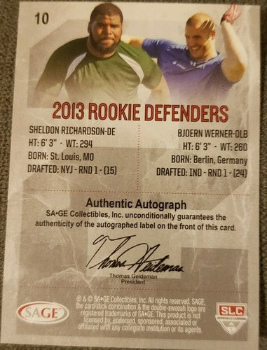 Sheldon RICHARDSON Bjoern WERNER 2014 SAGE 2 Dual AUTO #6/44 Colts Jets Nickname