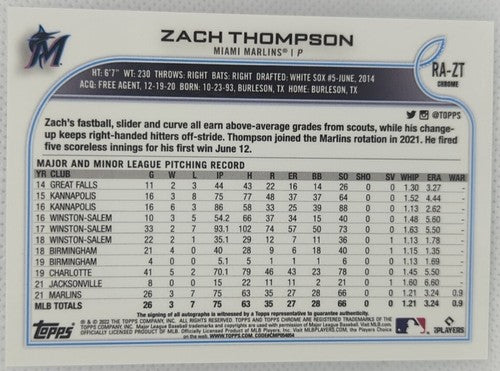 ZACH THOMPSON 2022 Topps Chrome Prospect RC AUTO SP Marlins Blue Jays Pirates