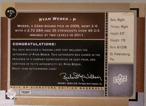 RYAN WEBER 2012 Upper Deck SP Signature Edition RC AUTO ATL7 Braves Yankees Rays