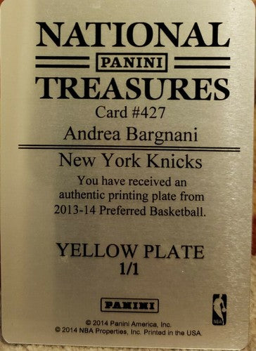 ANDREA BARGNANI 2013-14 National Treasures PRINTING PLATE SP #1/1 of 1 NY Knicks