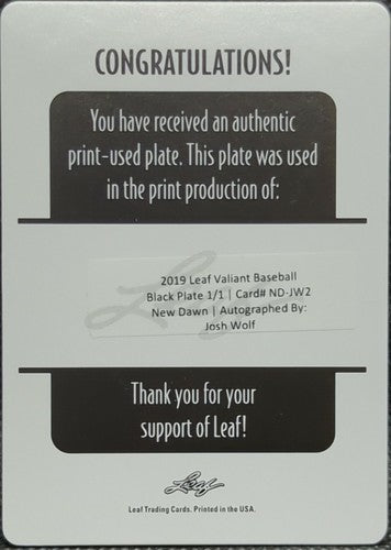 JOSH WOLF 2019 Leaf Valiant RC AUTO PRINTING PLATE SP #1/1 Mets Guardians One of
