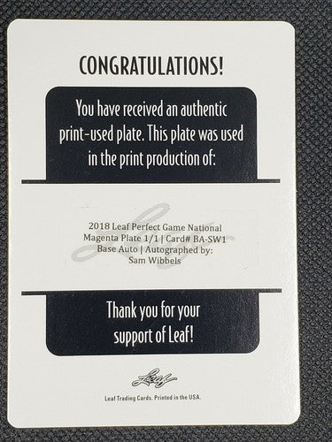 SAM WIBBELS 2018 Leaf Perfect Game RC DUAL AUTO PRINTING PLATE SP #1/1 Kentucky
