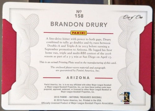 BRANDON DRURY 2016 Panini National Treasures AUTO LAUNDRY TAG PRINTING PLATE 1/1
