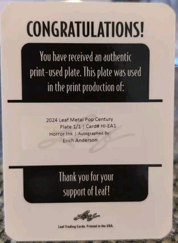 ERICH ANDERSON 2024 Leaf Pop Century AUTO PRINTING PLATE #1/1 Friday 13th Jason