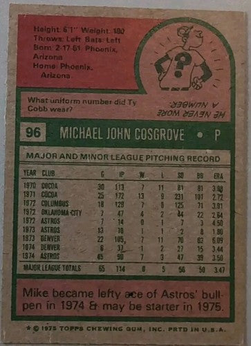 MIKE COSGROVE 2014 Topps 75th Anniversary Silver BUYBACK 1975 Houston Astros #96