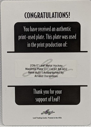 ARNAUD DURANDEAU 2016-17 Leaf Metal NHL RC AUTO PRINTING PLATE #1/1 Islanders of