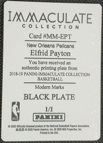 ELFRID PAYTON 2018-19 Panini Immaculate Modern Marks PRINTING PLATE 1/1 Pelicans