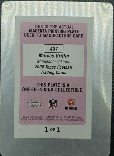 MARCUS GRIFFIN 2008 Topps NFL RC Magenta PRINTING PLATE SP #1/1 Vikings One of