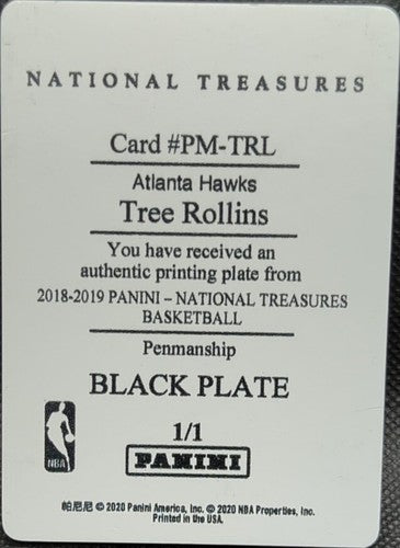 WAYNE TREE ROLLINS 2018-19 Panini National Treasures PRINTING PLATE SP 1/1 Hawks