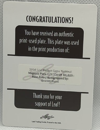 EVERETT HURST 2016 Leaf Perfect Game RC AUTO PRINTING PLATE SP #1/1 FIU Panthers