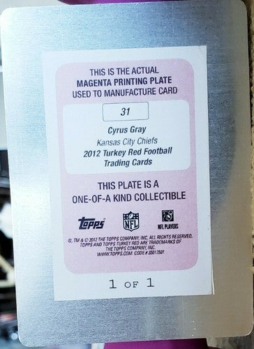 CYRUS GRAY 2012 Topps Turkey Red Magenta PRINTING PLATE SP 1/1 of 1 KC Chiefs RC