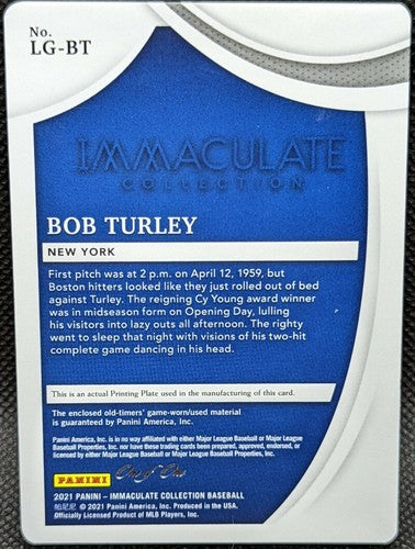 BOB TURLEY 2021 Panini Immaculate Jersey LOGO PATCH PRINTING PLATE #1/1 Yankees