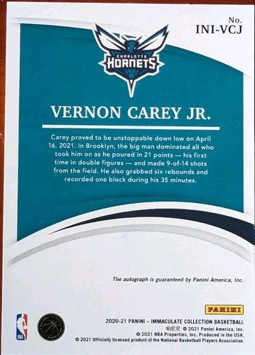 VERNON CAREY JR. 2020-21 Panini Immaculate Initiation Ink AUTO GOLD #/10 Hornets