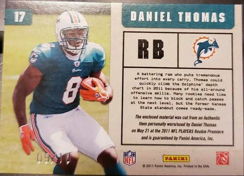 DANIEL THOMAS 2011 Panini Absolute Dual Rookie Used JERSEY Number #9/10 Dolphins