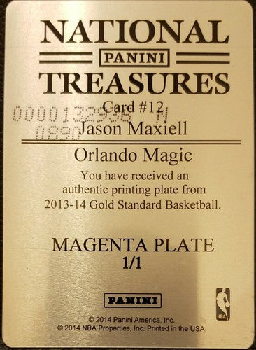 JASON MAXIELL 2013-14 Panini Gold Standard PRINTING PLATE SP #1/1 Orlando Magic