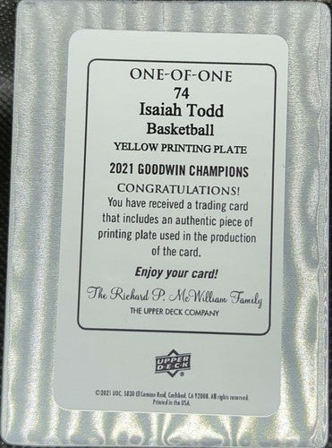 ISAIAH TODD 2021-22 UD Goodwin Champions RC PRINTING PLATE SP 1/1 Wizards One of