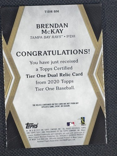 BRENDAN McKAY 2020 Topps Tier One RC DUAL Game Used Worn Jersey PATCH #/25 Rays