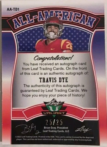 TRAVIS DYE 2022 Leaf Valiant All-American RC AUTO ORANGE #25/25 Jets USC Oregon
