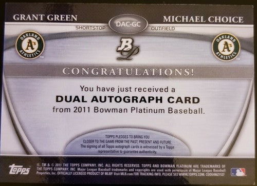 Grant GREEN Michael CHOICE 2011 Bowman Platinum Dual Rookie AUTO Autograph #/89