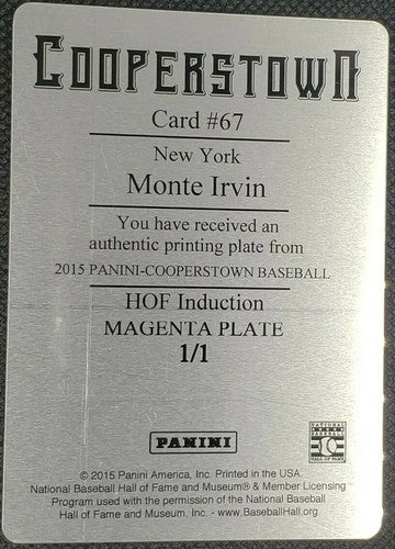 MONTE IRVIN 2015 Panini Cooperstown HOF PRINTING PLATE SP #1/1 New York Giants