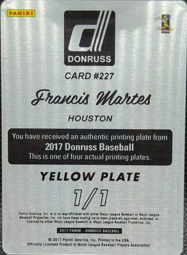 FRANCIS MARTES 2017 Panini Donruss Rated Rookie PRINTING PLATE 1/1 Astros One of