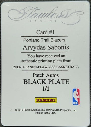 ARVYDAS SABONIS 2013-14 Panini Flawless Patch Autos PRINTING PLATE SP 1/1 One of