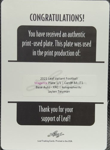 JAYLEN TWYMAN 2021 Leaf Valiant RC AUTO PRINTING PLATE SP 1/1 Vikings XRC One of
