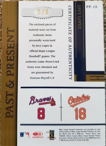 JAVY LOPEZ 2005 Prime Patches Dual Game Worn Used Jersey Sleeve LOGO PATCH SP /6