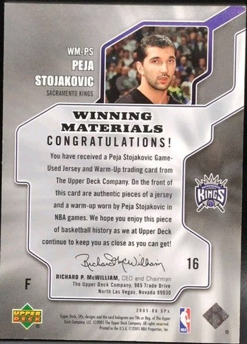 PEJA STOJAKOVIC 2005-06 SPx Winning Materials DUAL JERSEY Warm-Up Kings Hornets