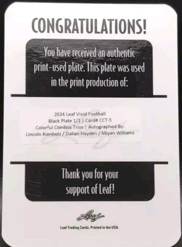 Dallan HAYDEN Miyan WILLIAMS KEINHOLZ 2024 Leaf Vivid AUTO PRINTING PLATE SP 1/1