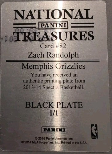 ZACH RANDOLPH 2013-14 Panini Spectra PRINTING PLATE #1/1 Grizzlies Blazers Kings