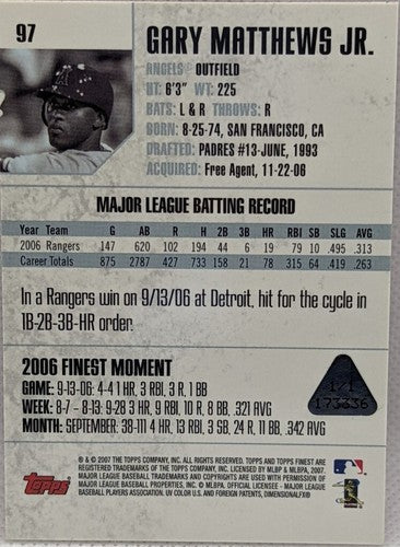 GARY MATTHEWS JR. 2007 Topps Finest PRINTING PLATE SP #1/1 Rangers Angels One of