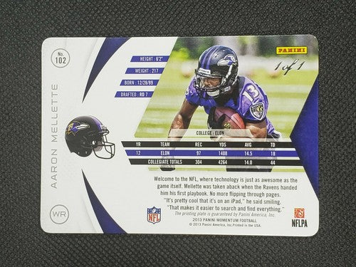 AARON MELLETTE 2013 Panini Momentum RC PRINTING PLATE SP #1/1 Baltimore Ravens