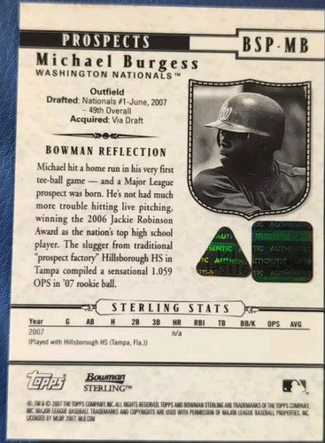 MICHAEL BURGESS 2007 Bowman Sterling Prospect AUTO PRINTING PLATE #1/1 Nationals