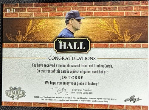 JOE TORRE 2022 Leaf Lumber Game Used BAT Relic PLATINUM SP #/6 Yankees Cardinals