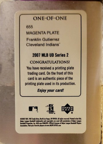 FRANKLIN GUTIERREZ 2007 Upper Deck UD Series 2 RC PRINTING PLATE #1/1 Cleveland