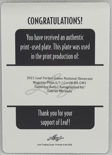 GABRIEL MIRANDA 2021 Leaf Perfect Game Gameday AUTO PRINTING PLATE SP #1/1 TCU