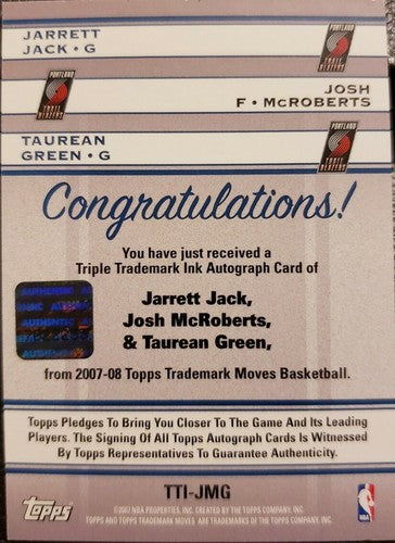 Jarrett JACK Josh McROBERTS GREEN 2007-08 Topps Trademark Moves TRIPLE AUTO 6/39