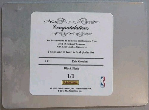 ERIC GORDON 2012-13 Panini National Treasures NBA Gear PRINTING PLATE SP #1/1 Of