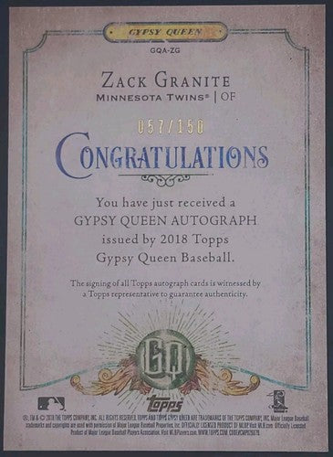 ZACK GRANITE 2018 Topps Gypsy Queen RC AUTO Blue Indigo SP #/150 Minnesota Twins